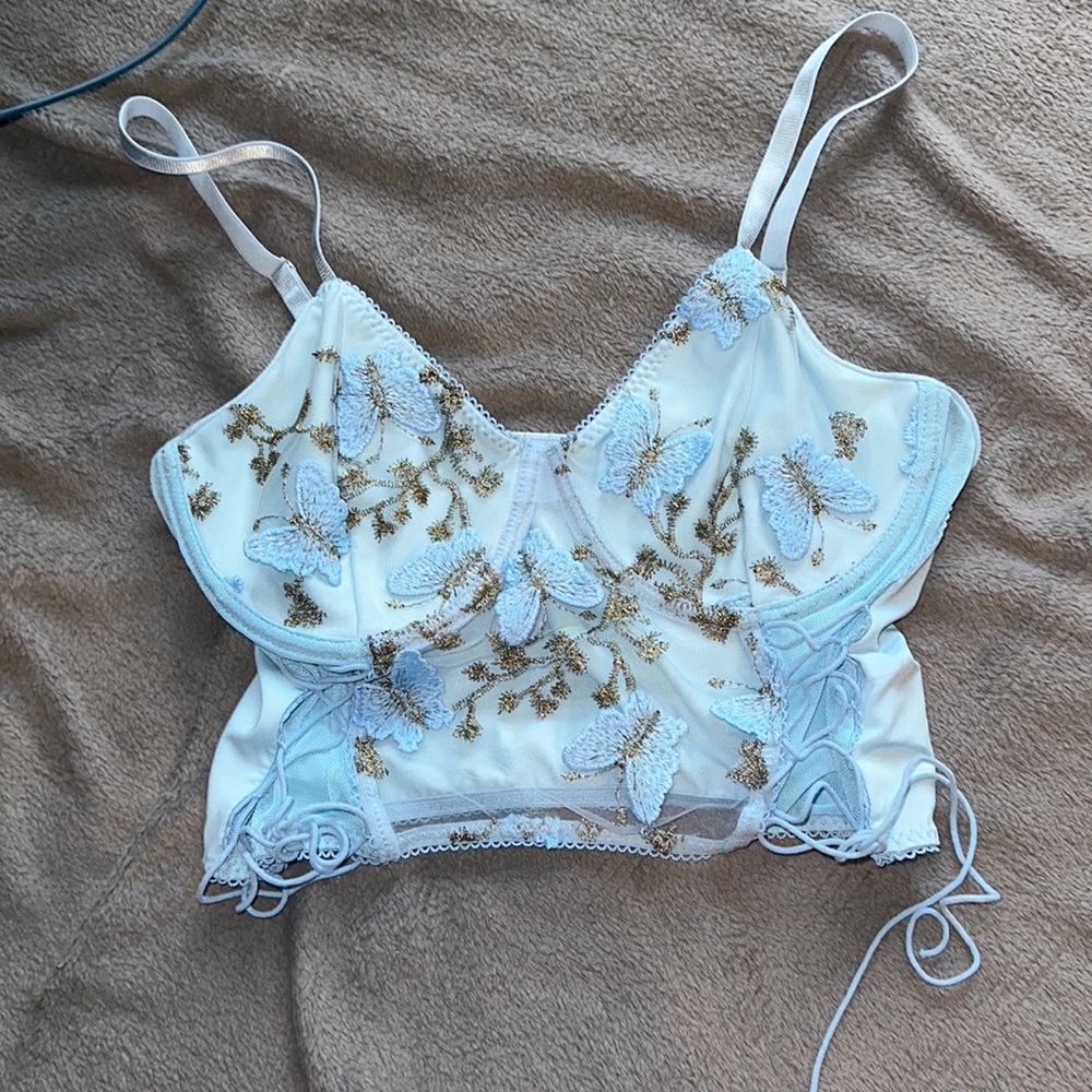 Blue laced butterfly crop top